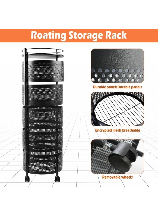 5-tier vegetable rack, made of rust-resistant metal; 360-degree rotating kitchen organizer basket; round carbon steel storage rack; black wheeled storage trolley; no fruit basket required; side storage shelf - black - Image 4